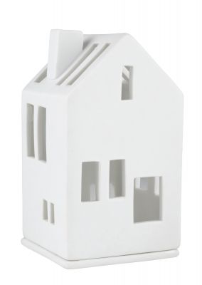 Weißes Living Mini Lichthaus Wohnhaus aus Keramik mit Fenstern und Schornstein.